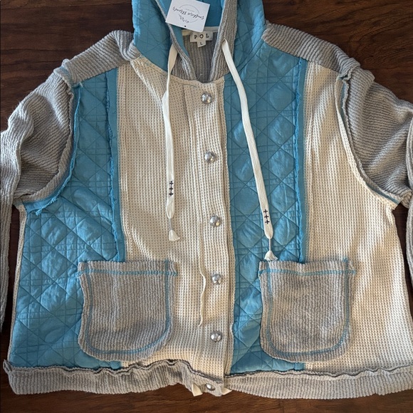 POL Quilted/Waffle Knit Hooded Shaket- Blue and Cream - Picture 2 of 8